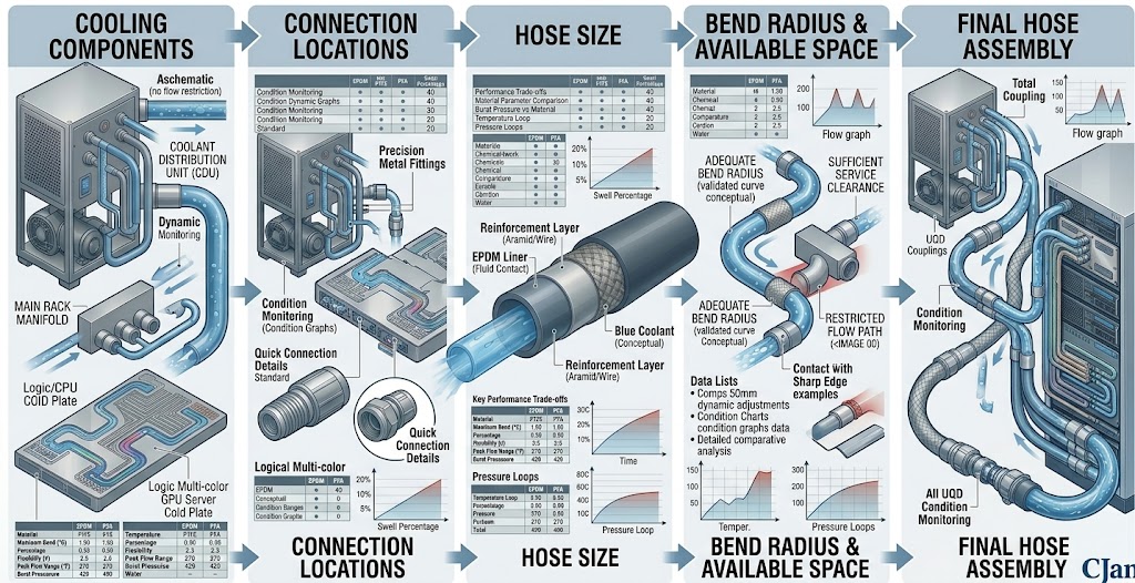 Liquid cooling hose routing design process for AI data center systems